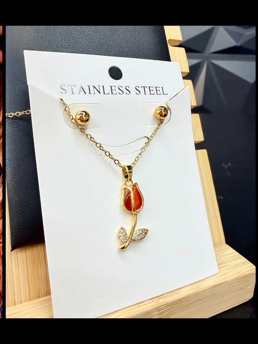 Gold Stainless Steel Necklace with Orange Tulip Pendant - Unbranded